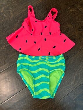 NWOT Cat & Jack Neon Pink Watermelon Peplum Tankini with Green Wave Briefs